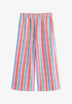 Weit geschnittene Hosen mit vertikalen Regenbogenstreifen und elastischem Bund, aus strukturiertem Stoff gefertigt.