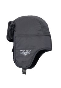 Zwarte gewatteerde vliegeniersmuts met nepbont voering, oorkleppen en een kinband. Heeft het "TOP GUN"-logo aan de zijkant.