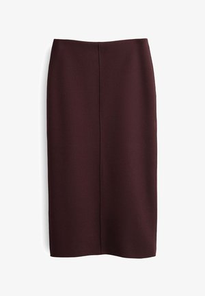 Burgundy pencil skirt made of stretch fabric, featuring a mid-length hem and a central back seam for a streamlined silhouette.