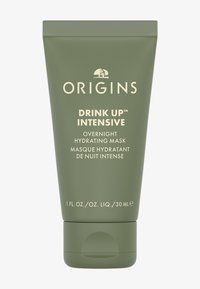 Grønn, fleksibel tube som inneholder 30 ml av en fuktighetsgivende nattmaske, merket "Drink Up Intensive" med et trelogo og hvite tekstaksenter.