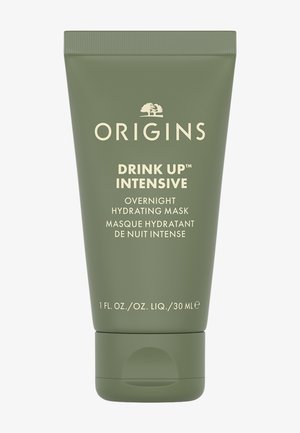 Tube vert et souple contenant 30 ml d'un masque hydratant de nuit, étiqueté "Drink Up Intensive" avec un logo d'arbre et des accents de texte blancs.