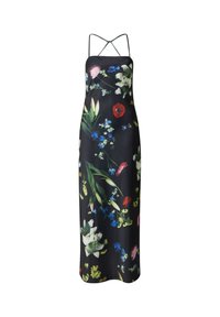 Schwarzes Blumenkleid in Midi-Länge mit Spaghetti-Trägern, das eine Mischung aus bunten Blumen und grünen Blättern zeigt, aus glattem Stoff mit figurbetonter Silhouette.