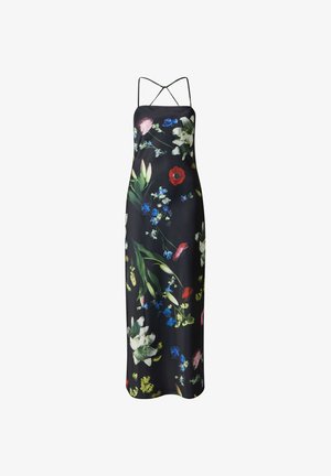 Maxi-jurk met bloemenprint en spaghettibandjes; donkere achtergrond met roze, rode, blauwe en groene bloemen; gladde, lichte stof.