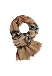 Sciarpa beige con un motivo a quadri in tonalità marrone scuro, nero e rosso. Tessuto morbido, bordi sfrangiati e un piccolo dettaglio di bottone.