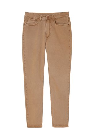 Beige, szűkített szárú farmernadrág, pamutkeverékből készült, öt zsebből áll, elöl gombos záródással és tiszta varrással.