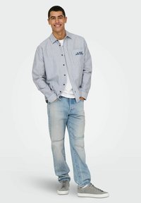 Chemise à manches longues rayée bleu et blanc, associée à un jean délavé. Des baskets grises complètent le look décontracté.