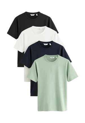 Vier einfarbige Kurzarm-T-Shirts mit Rundhalsausschnitt in Schwarz, Weiß, Navyblau und Hellgrün, übereinander gelegt auf weißem Hintergrund.