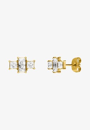 Boucles d'oreilles puces en or avec trois pierres précieuses transparentes rectangulaires et carrées disposées horizontalement, une au centre et deux de chaque côté.