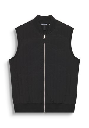 Chaleco acolchado negro con diseño sin mangas, cremallera frontal y cuello acanalado. Presenta una sutil costura vertical y bolsillos laterales.