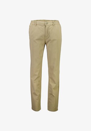 Beiga raka byxor med knapp och dragkedja, elastiska midjeband och sidofickor.