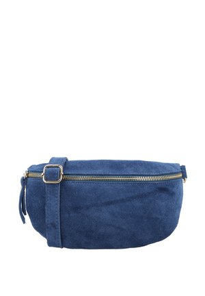 Blaue Wildleder-Gürteltasche mit goldenem Reißverschluss und verstellbarem Riemen, flach auf weißem Hintergrund liegend.