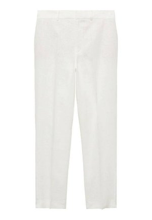 White linen trousers with a straight leg design, featuring a flat front, belt loops, and no visible patterns or embellishments.