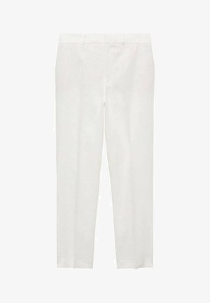 Hvide linnedbukser med lige ben-design, der har flad forside, bæltestropper og ingen synlige mønstre eller udsmykninger.