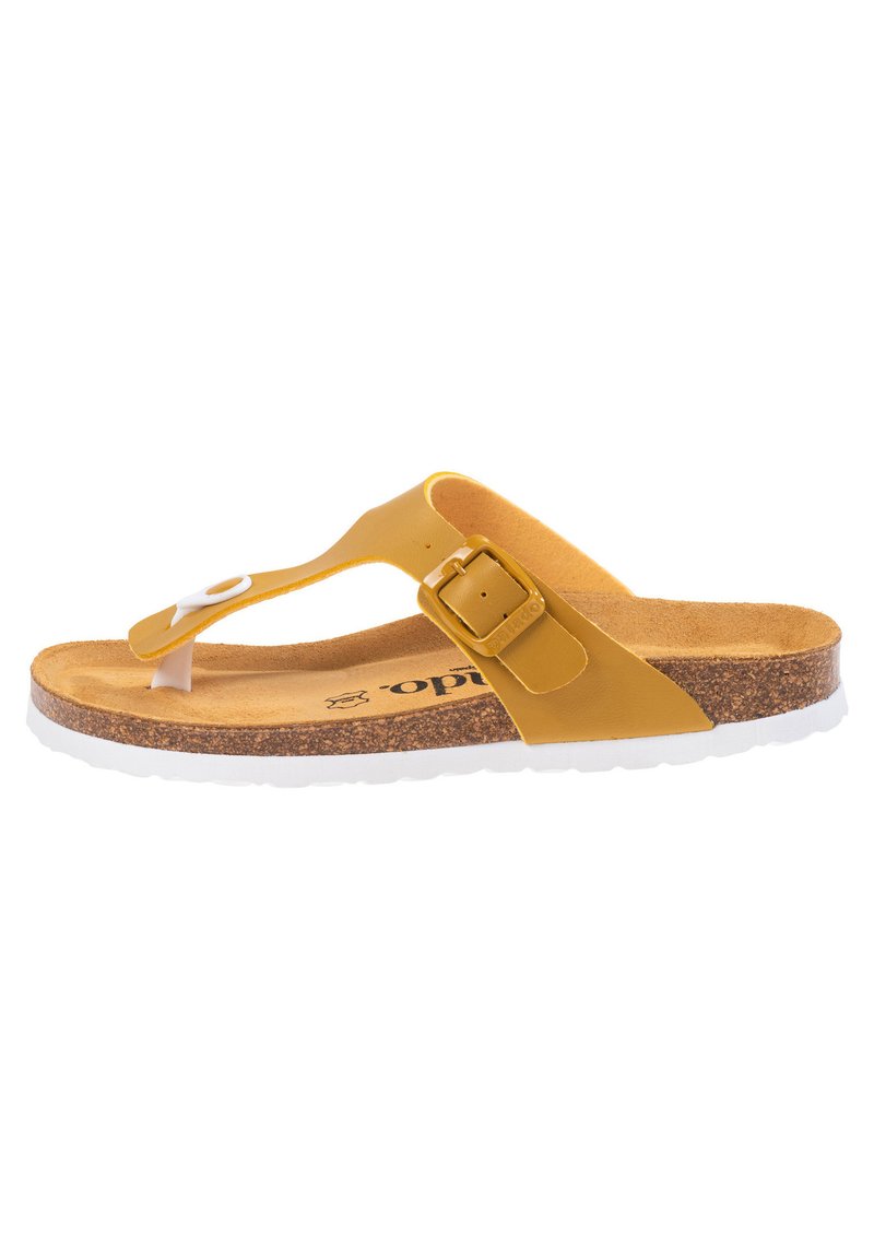 Infradito giallo con fodera in sughero, suola in gomma bianca e cintura con fibbia. Presenta un design elegante e un inserto centrale per le dita.