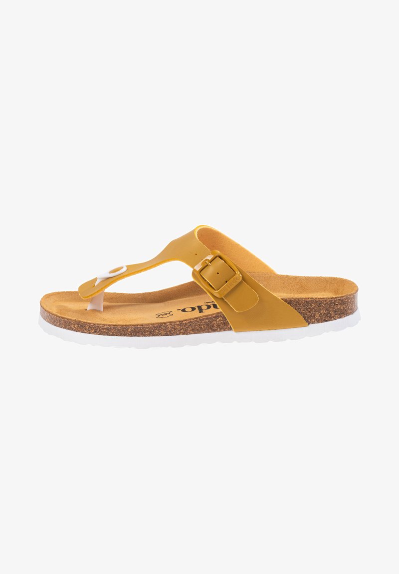 Gul flip-flop sandaler med en korkfotbädd, en vit gummisula och en spännsrem. Har en slät design och en central tådel.