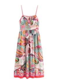 Robe d'été sans manches avec bretelles fines, imprimé tropical de palmiers, crabes, poissons, fruits et texte « SUMMER » sur la ceinture.