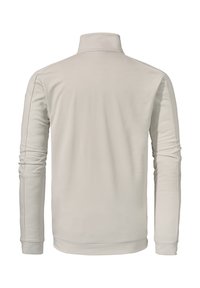 Hellgrauer, langärmeliger Pullover mit hohem Kragen. Weicher Stoff, glatte Textur und dezente Nahtakzente entlang der Ärmel und Seiten.