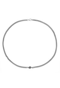 Silver chain necklace with interlinked links, featuring a detailed clasp in the center. Smooth texture, polished finish.