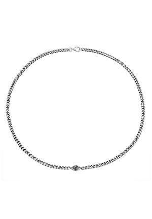 Hõbedane kettkaelakee, millel on omavahel seotud lingid ja keskel detailedne ühendus. Sile tekstuur, poleeritud viimistlus.