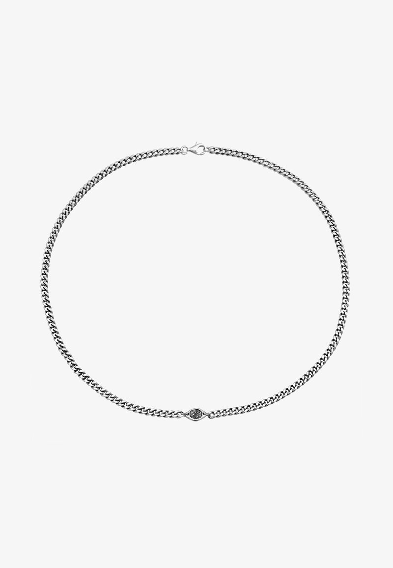 Hõbedane kettkaelakee, millel on omavahel seotud lingid ja keskel detailedne ühendus. Sile tekstuur, poleeritud viimistlus.