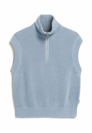 Gilet en maille bleu clair sans manches avec texture côtelée et col montant à demi-fermeture éclair.