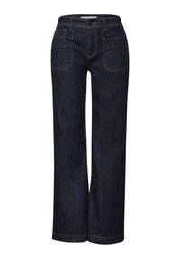 Granatowe szerokie dżinsy z przednimi kieszeniami naszytymi i kontrastowym przeszyciem, z zapięciem na guzik i zamek błyskawiczny.