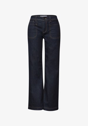 Mørkeblå brede jeans med forreste lomme og kontrastsyning, knap- og lynlås-lukning.
