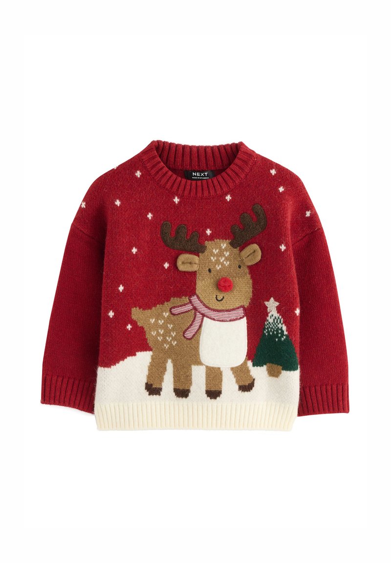 Pull rouge en tricot avec un motif de renne, de la neige blanche et un arbre vert. Encolure et poignets côtelés. Texture douce avec une broderie colorée.