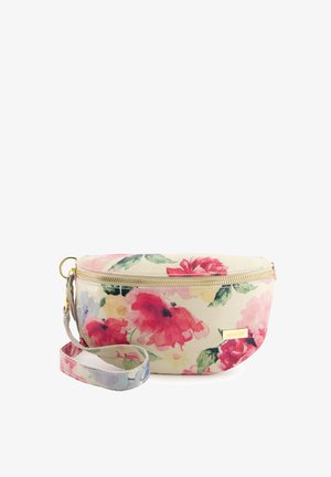 Pytlík s květinovým vzorem z krémové látky, zdobený růžovými a žlutými květy. Zlacený zip a držadlo s odnímatelným popruhem.