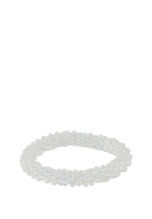 Multiple strands of small, clear, faceted beads forming a coiled bracelet with a subtle iridescent sheen.