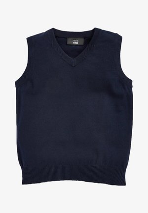 Polo sans manches en tricot bleu marine avec encolure en V et bordures côtelées, étiqueté "next SCHOOL".