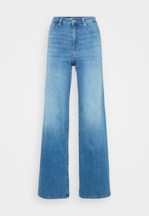 Høytlivde brede bukser i lys blå denim, med en jevn tekstur, subtil falming og standard femlomme-design med knappelukking.