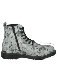 Botki w kwiatowy szary i biały wzór, z przodem na sznurowanie, bocznym zamkiem błyskawicznym i czarną gumową podeszwą z teksturowanymi akcentami.