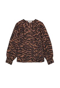 Bruine blouse met zwart tijgerstrepenpatroon, met een V-hals en lange ballonmouwen met elastische manchetten. Voorzien van een gladde stofstructuur.
