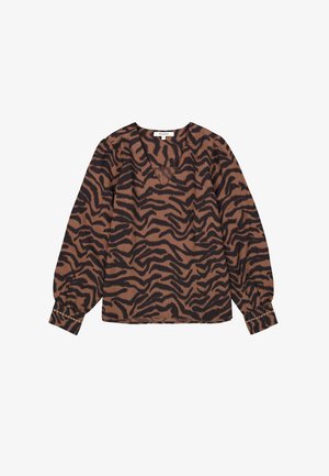 Bruine blouse met zwart tijgerstrepenpatroon, met een V-hals en lange ballonmouwen met elastische manchetten. Voorzien van een gladde stofstructuur.