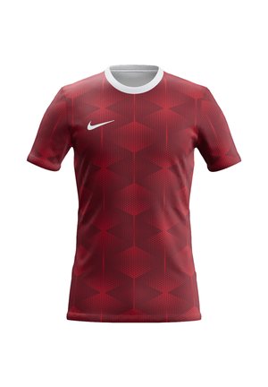 Rød sportsbluse med hvid krave, geometrisk mønster og et hvidt Nike-logo på højre bryst.