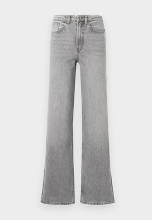 Gray denim flared jeans featuring a high waist, front pockets, belt loops, and a subtle faded design, presented against a white background.