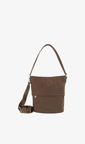 Borsa a tracolla in pelle marrone con tracolla regolabile e accessori argentati, con logo "Bogner" sul lato anteriore inferiore.