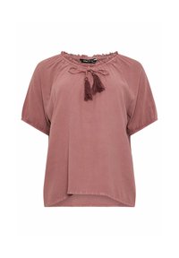 Różowa bluzka z krótkim rękawem, z zebranym dekoltem i dekoracyjnym wiązaniem z frędzlami. Lekki materiał o luźnym kroju i zaokrąglonym dole.