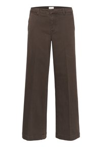 Pantalones de pierna ancha hechos de tela de algodón marrón oscuro. Cuentan con una cinturilla clásica, bolsillos laterales y piernas de corte recto con costuras mínimas.