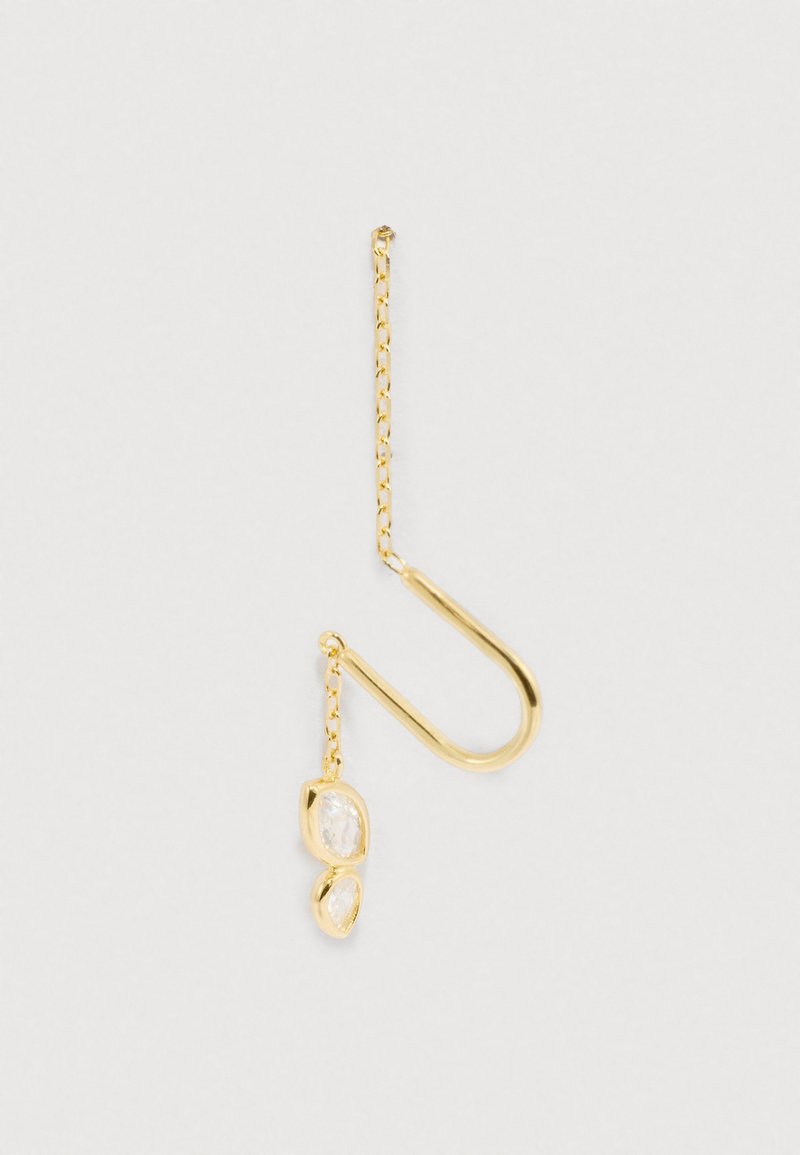 Aranyszínű kampós fülbevaló, amely láncot és két tiszta, csiszolt, csepp alakú drágakövet tartalmaz, hangsúlyozva egy elegáns és letisztult dizájnt.