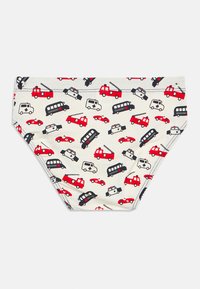 Παιδικά εσώρουχα με κρεμ φόντο και πολύχρωμα σχέδια οχημάτων σε κόκκινο, μαύρο και γκρι. Μαλακό ύφασμα με ελαστική μέση.