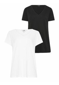 Kaksi V-kauluksista T-paitaa mustana ja valkoisena. Valmistettu pehmeästä kankaasta, lyhyillä hihoilla ja rento malli, jossa on minimaalinen suunnittelu ilman kuvioita.