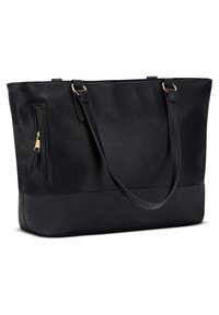 Black leather tote bag with gold hardware, smooth texture, rectangular shape, dual straps, and a zippered side pocket.