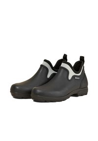 Bottes noires en caoutchouc à la cheville avec un accent élastique gris, surface texturée et une languette à l'arrière. Semelle extérieure durable pour une adhérence optimale.