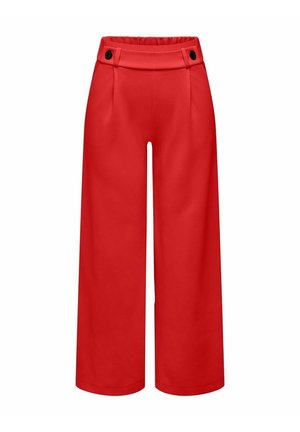 Røde bredbenede bukser med høj talje, to sorte knapper i taljebåndet og læg foran.