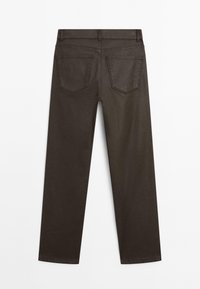 Dark brown cotton trousers with a straight-leg design, featuring two back pockets and a simple waistband. Smooth texture with minimal details.