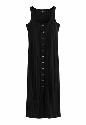 Black ribbed midi dress with a round neckline, shoulder straps, and a row of 10 wooden buttons down the front. Smooth texture, fitted design.