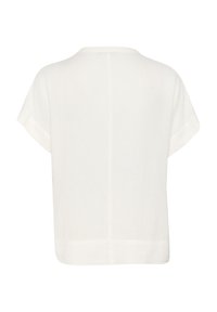 White, short-sleeved blouse made of a lightweight fabric, featuring a round neckline and a straight hem with a slightly loose fit.