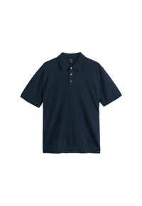 Mörkblå kortärmad pikétröja i mjuk stickad tyg, med krage, treknapplås och ribbade fållar och ärmar.
